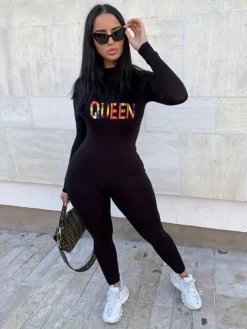 Letter Pattern Crew Neck Bodycon Jumpsuits