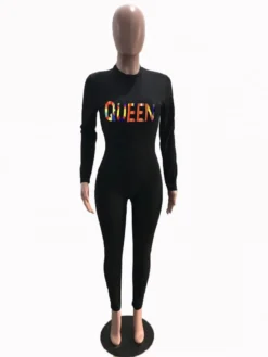 Letter Pattern Crew Neck Bodycon Jumpsuits -Bambam Clothing Shop P 20240111124003400 309