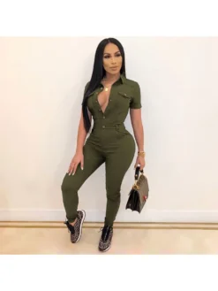 Solid Collar Button Up Fitted Jumpsuit