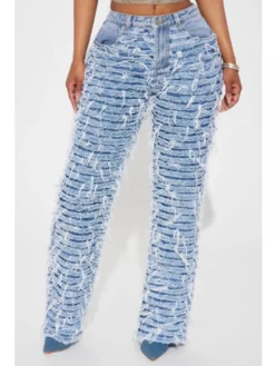 Fringe Fuzzy Trim Denim Low Rise Jeans