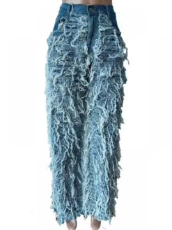 Fringe Fuzzy Trim Denim Low Rise Jeans -Bambam Clothing Shop P 20240123161035675 559