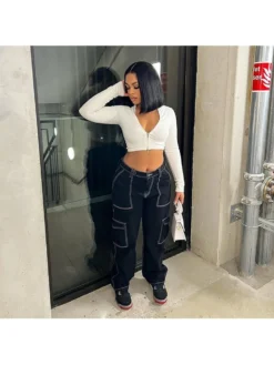 Multi Pocket Patchwork Denim Cargo Jeans