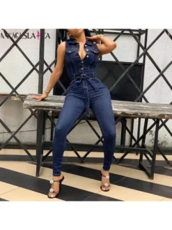 Sleeveless Denim High Rise Bodycon Jumpsuits