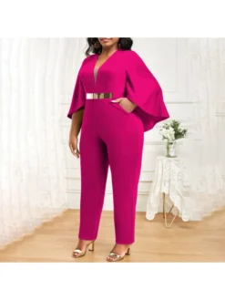 Patchwork V Neck Batwing Sleeve Jumpsuits