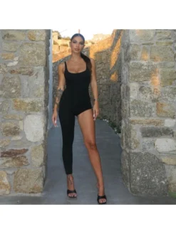 Irregular Black Skinny Backless Jumpsuits