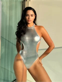 Metallic Hollow Out Bodycon One-Pieces