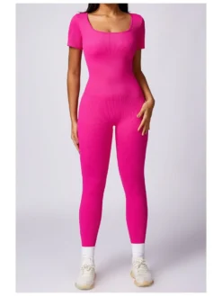 Square Neck Bodycon Short Sleeve Yoga Sporty Jumpsuits