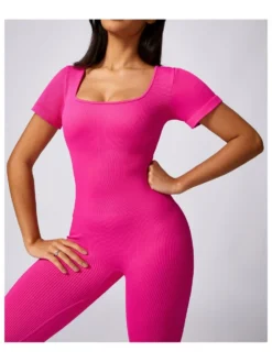 Square Neck Bodycon Short Sleeve Yoga Sporty Jumpsuits -Bambam Clothing Shop P 20240325104516203 281