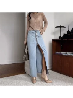 Split Hem Zipper Denim Skirts