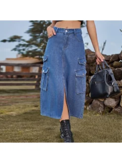 Split Hem Cargo Pocket Denim Skirts