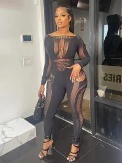 Hollow Out Boat Neck Perspective Jumpsuits