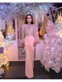 Sequin Feather Long Sleeve Jumpsuits