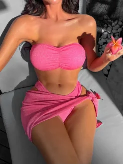 Fluffy Solid Color Cropped 3 PC Bikinis Sets