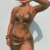 Metallic High Rise Backless Bikinis 2PC Sets