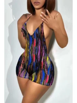 Colorblock Deep V Neck Backless Rompers