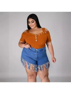 Patchwork Raged Hem High Rise Denim Short Pants -Bambam Clothing Shop P 20240417102510721 821