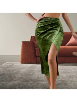 Velour Ruched Split Hem Skirts