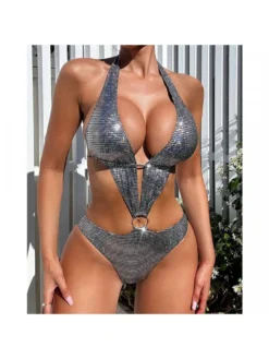 Metallic Halter Neck Backless One-Pieces Swimwear
