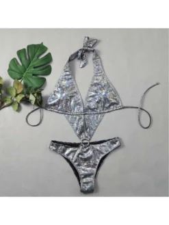 Metallic Halter Neck Backless One-Pieces Swimwear -Bambam Clothing Shop P 20240424165542373 874