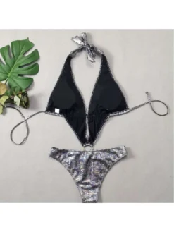 Metallic Halter Neck Backless One-Pieces Swimwear -Bambam Clothing Shop P 20240424165543039 814