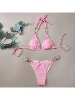 Rhinestone Halter Neck Backless Bikinis Sets -Bambam Clothing Shop P 20240426111521551 427