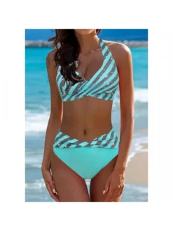 Striped Halter Neck Backless Bikinis Sets