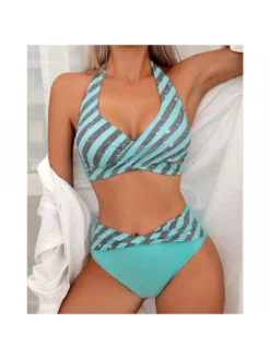Striped Halter Neck Backless Bikinis Sets -Bambam Clothing Shop P 20240426113506665 883