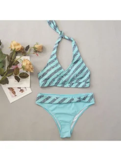 Striped Halter Neck Backless Bikinis Sets -Bambam Clothing Shop P 20240426113507843 943