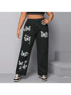 Butterfly Pattern Straight High Rise Jeans