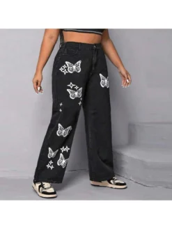 Butterfly Pattern Straight High Rise Jeans -Bambam Clothing Shop P 20240430152017743 419