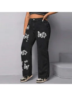 Butterfly Pattern Straight High Rise Jeans -Bambam Clothing Shop P 20240430152018354 660