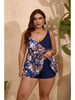 Plus Size Print High Rise Backless Bikinis Set