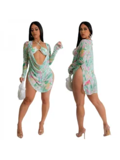 Patchwork Print Split Hem Lace-Up 3 Piece Set Bikinis -Bambam Clothing Shop P 20240520101003782 700