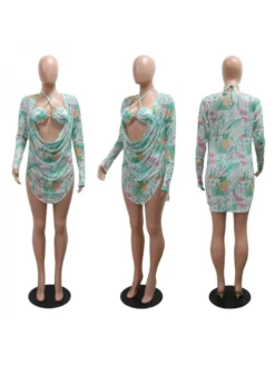 Patchwork Print Split Hem Lace-Up 3 Piece Set Bikinis -Bambam Clothing Shop P 20240520101006221 485