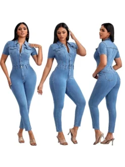 Short Sleeve Bodycon Single Breasted Denim Jumpsuits