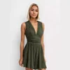 Ruched Wide Leg V Neck Sleeveless Rompers