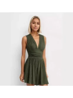 Ruched Wide Leg V Neck Sleeveless Rompers