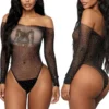 Sequin See Through Off Shoulder Bodycon One-Pieces