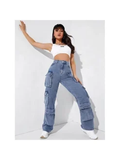 Washed High Rise Cargo Jeans