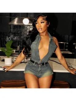 Denim Halter Lapel Backless Rompers