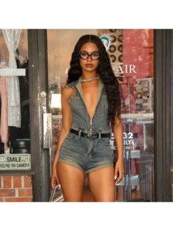 Denim Halter Lapel Backless Rompers -Bambam Clothing Shop P 20240604120015483 732