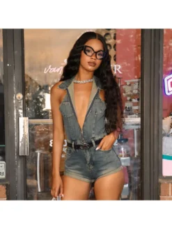 Denim Halter Lapel Backless Rompers -Bambam Clothing Shop P 20240604120016202 259