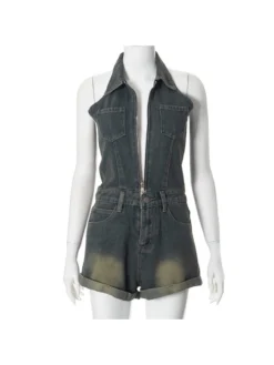 Denim Halter Lapel Backless Rompers -Bambam Clothing Shop P 20240604120018751 428