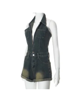 Denim Halter Lapel Backless Rompers -Bambam Clothing Shop P 20240604120019762 408