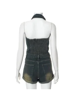 Denim Halter Lapel Backless Rompers -Bambam Clothing Shop P 20240604120020277 683