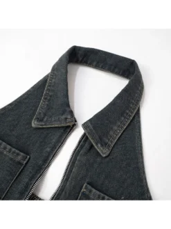 Denim Halter Lapel Backless Rompers -Bambam Clothing Shop P 20240604120020781 735