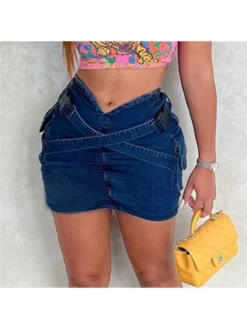 Ruched Wrap Cargo Pocket Denim Skirts