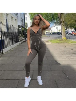 Colorblock V Neck Zipper Backless Jumpsuits