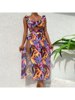 Print Split Hem Spaghetti Straps 3-piece Set Bikinis