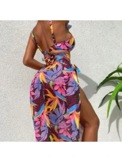 Print Split Hem Spaghetti Straps 3-piece Set Bikinis -Bambam Clothing Shop P 20240613101614585 453